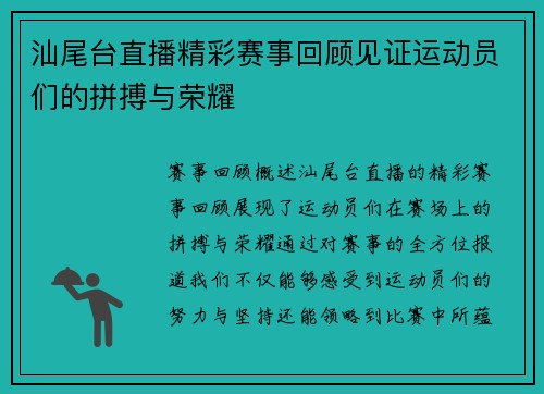 汕尾台直播精彩赛事回顾见证运动员们的拼搏与荣耀